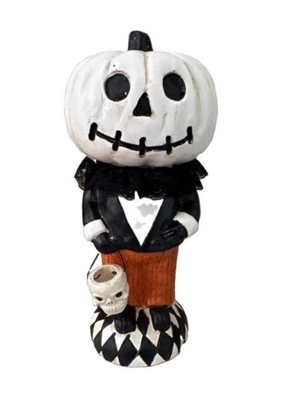 Halloween White Pumpkin Figure w/skull pale